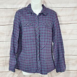 Eddie Bauer flannel shirt button up long sleeve plaid gray purple magenta pink M